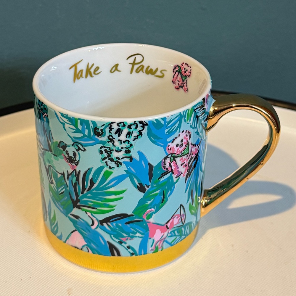 Lilly Pulitzer "Barking Up The Palm" Floral Ceramic Dog Mug Cup Gold Trim